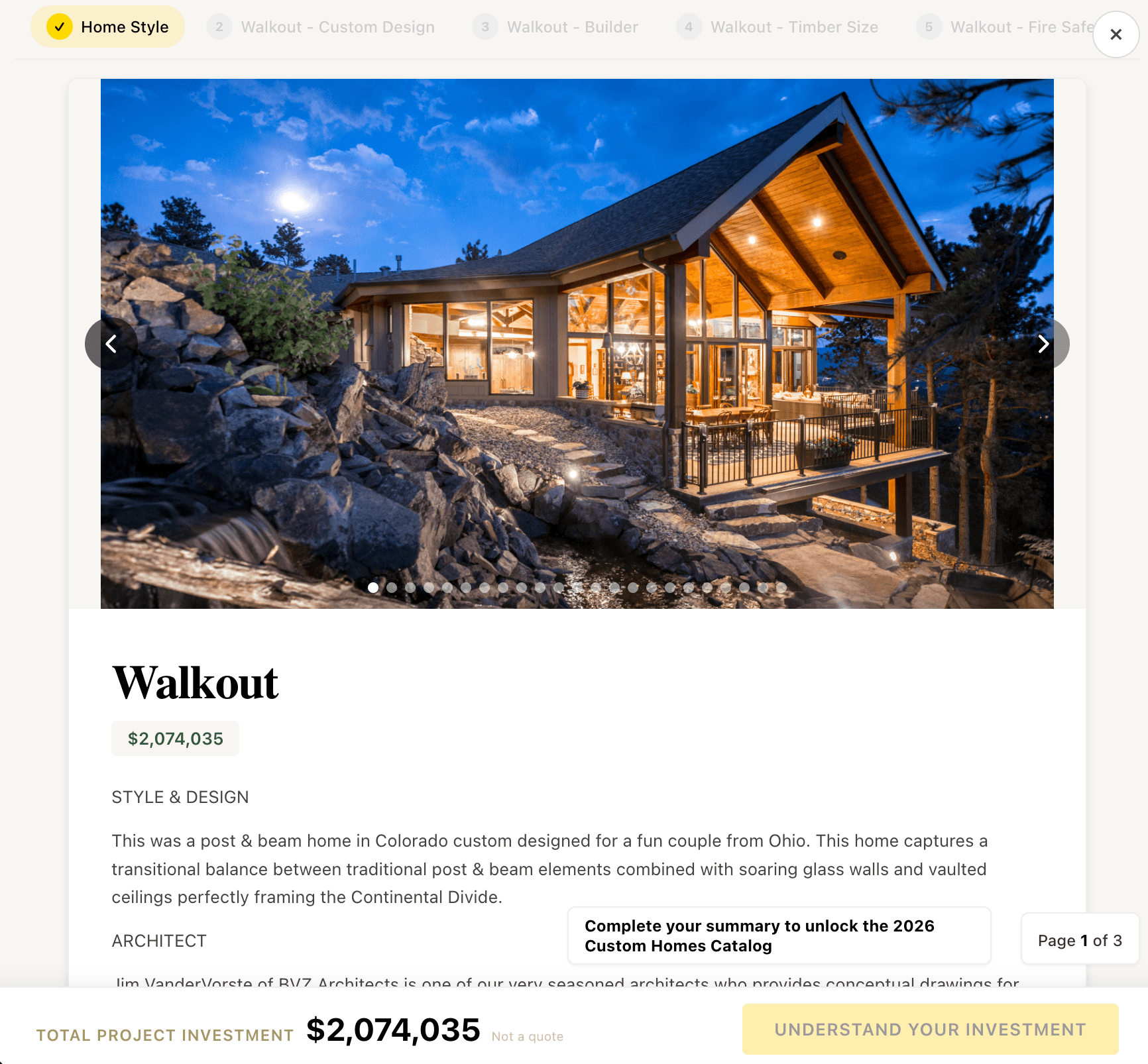KotiConfig — Walkout home style selected, with photography, description and live running total