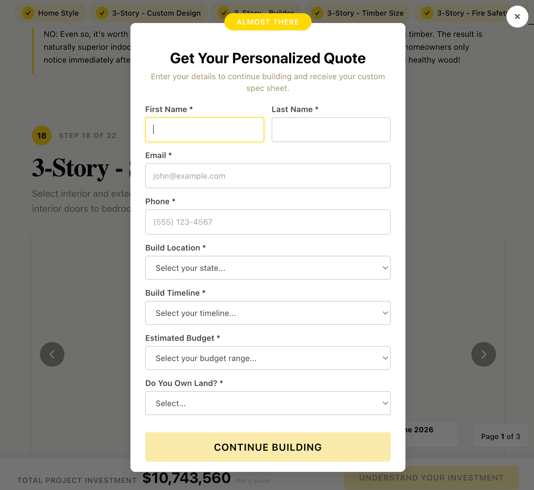 “Get Your Personalized Quote” lead-capture modal asking for name, email, build location, timeline, budget, and land ownership