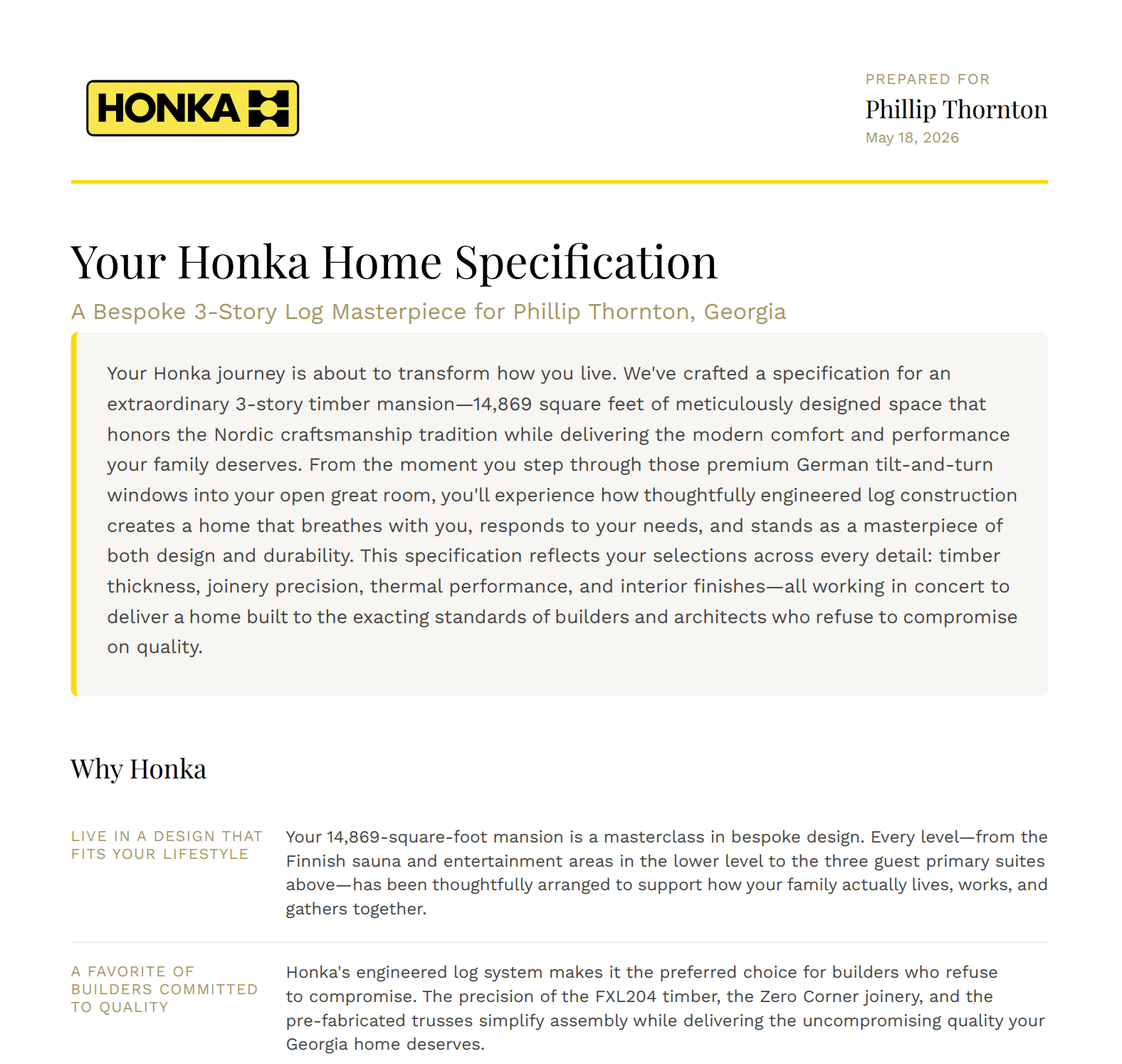 Personalized spec sheet PDF, page 1 — “Your Honka Home Specification”, branded with Honka colors and Playfair Display serif