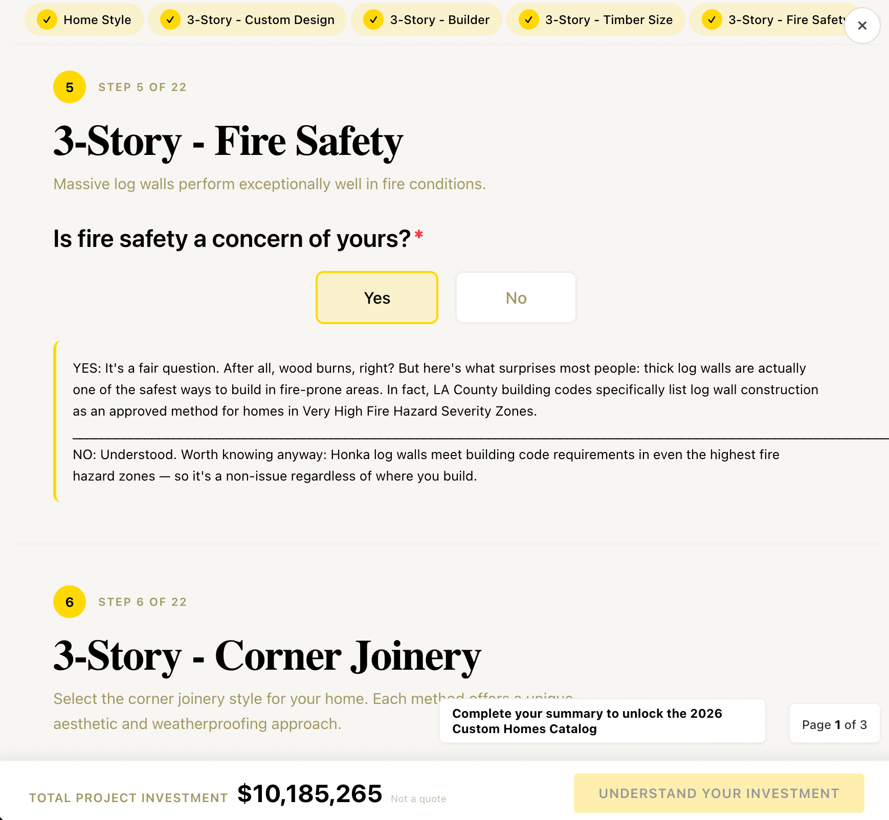 Configurator step asking “Is fire safety a concern of yours?” with Yes selected, showing the Honka campfire-secret pitch text inline